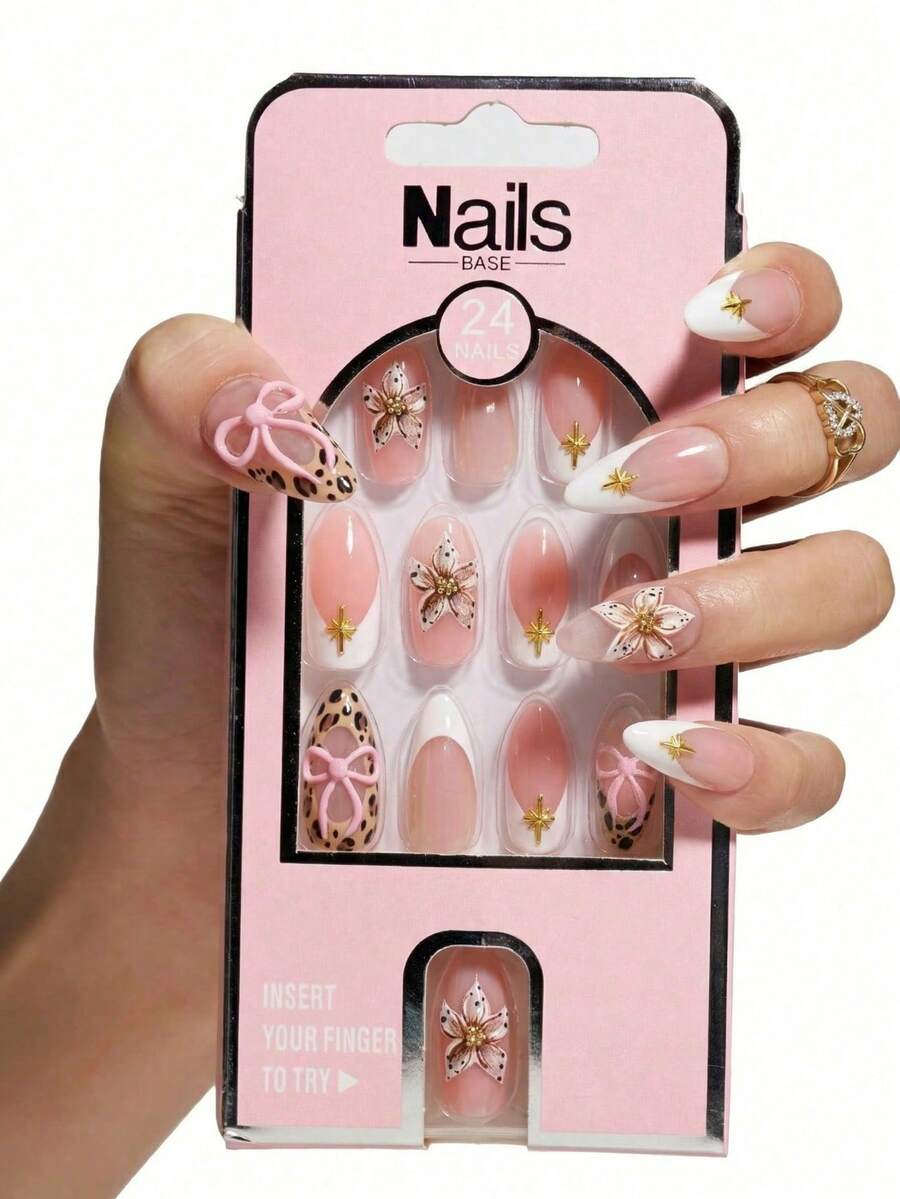 Nailsbase 24片/套 3D粉色蝴蝶结和豹纹美甲贴片,搭配1片果冻胶和1把指甲锉,美甲师用品,适合女士和女孩参加派对、约会、节日美甲。 - 彩色 - 查看 1