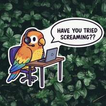 Screaming Parrot Tech Support Sticker - Fun Version "Have You Tried Screaming?" IT Desktop Sticker, Cute Green And Yellow Parrot Wearing Headphones Design, Scratch-Resistant Vinyl Material, Suitable For Laptops, Phones, Cars, Luggage, Skateboards (Fashionable Style) - Multicolor - View 4