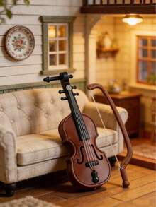 1pc 1:12 Scale Miniature Violin Model With Bow, Realistic Dollhouse Musical Instrument Model, Brown Plastic Made Mini Violin, Miniature Music Instrument, Suitable For Dollhouse Decor, Scene Setting, Music Room Display, Also A Great Birthday Gift, Christmas Decoration, Cake Topper And Photography Prop For Music Lovers - Multicolor - View 4