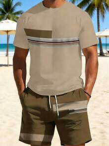 Men's Striped Color Block 2-Piece Outfit, Casual Short Sleeve T-Shirt & Drawstring Shorts Set, Summer Beach & Daily Wear - Khaki - View 1