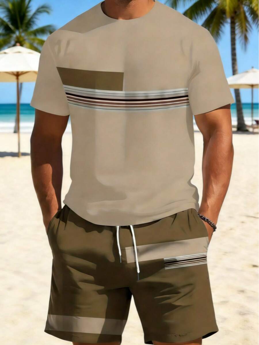 Men's Striped Color Block 2-Piece Outfit, Casual Short Sleeve T-Shirt & Drawstring Shorts Set, Summer Beach & Daily Wear - Khaki - View 1