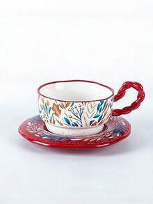 French Retro Contrast Color Leaf Ceramic Coffee Cup & Saucer Set. Handpainted, Heatproof Afternoon Tea Cup Suitable For Catering, Banquet, Wedding Favors - Multicolor - View 10