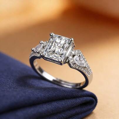 1 chiếc nhẫn bạc S925 cao cấp thiết kế hình chữ nhật hình học, đính đá Cubic Zirconia tổng hợp, bản nhẫn có thể điều chỉnh, trang sức thanh lịch và tinh tế để đeo hàng ngày dành cho nữ.