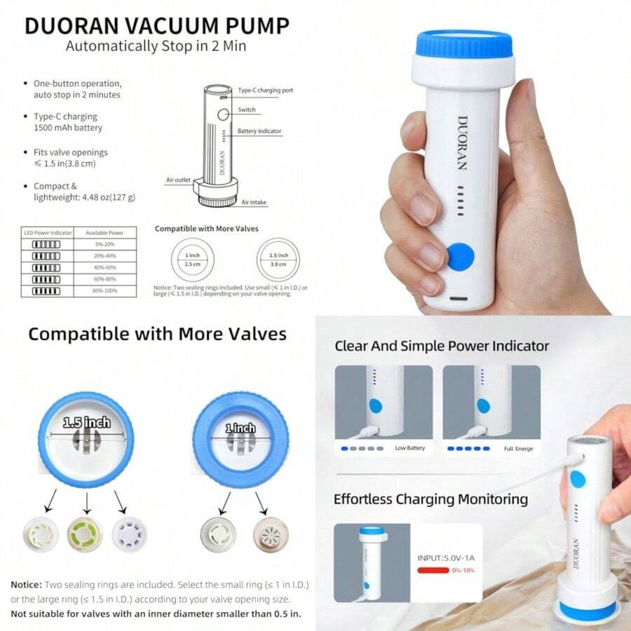 Bomba de aspiradora eléctrica inalámbrica para bolsas de almacenamiento al aspiradora bomba de aire de viaje sello portátil recargable por USB y bolsa de compresión para ropa mantas y ropa - Azul - Ver 1