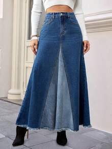 AYWY 女士休闲优雅 A 字长款牛仔裙，水洗效果，毛边纽扣设计，无弹力面料 - 中等水洗藍 - 查看 2