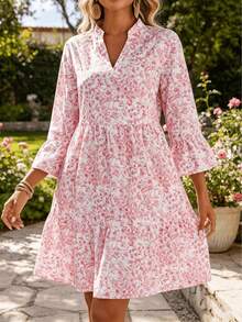 Women's European And American Style New Elegant Floral Print Three-Quarter Sleeve V-Neck Midi Dress, Fashionable And Casual Women's Dress. - Pink - View 5