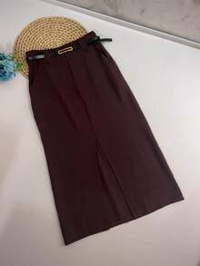 Midi Skirt With Belt High Waist Slit - 巧克力棕 - 查看 3