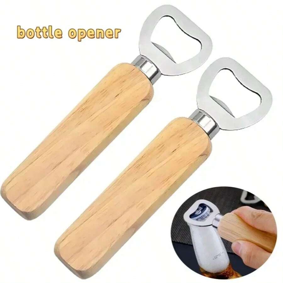 1/5 piezas Abridor de botellas de acero inoxidable reforzado con mango de madera, apto para abrir bebidas alcohólicas y no alcohólicas - Plateado - Ver 1