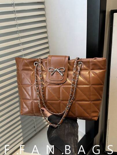 Soft Textured Quilted Chain Strap Large Capacity Fashionable Casual Bow Decor Tote Bag