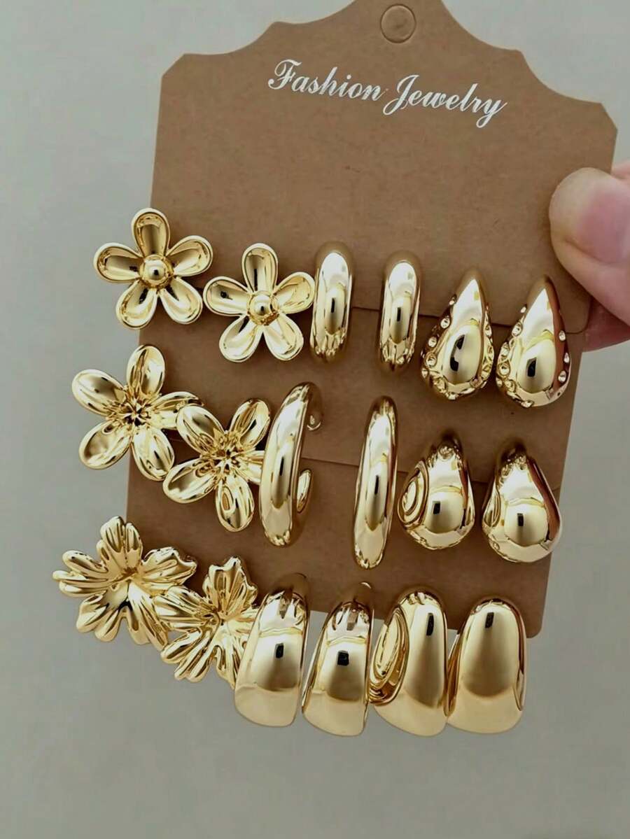 9 Pairs CCB Gold-Plated Earring Set, Hypoallergenic Flower & Teardrop Hoop Earrings, Versatile For Daily Wear And Parties - Gold - View 1