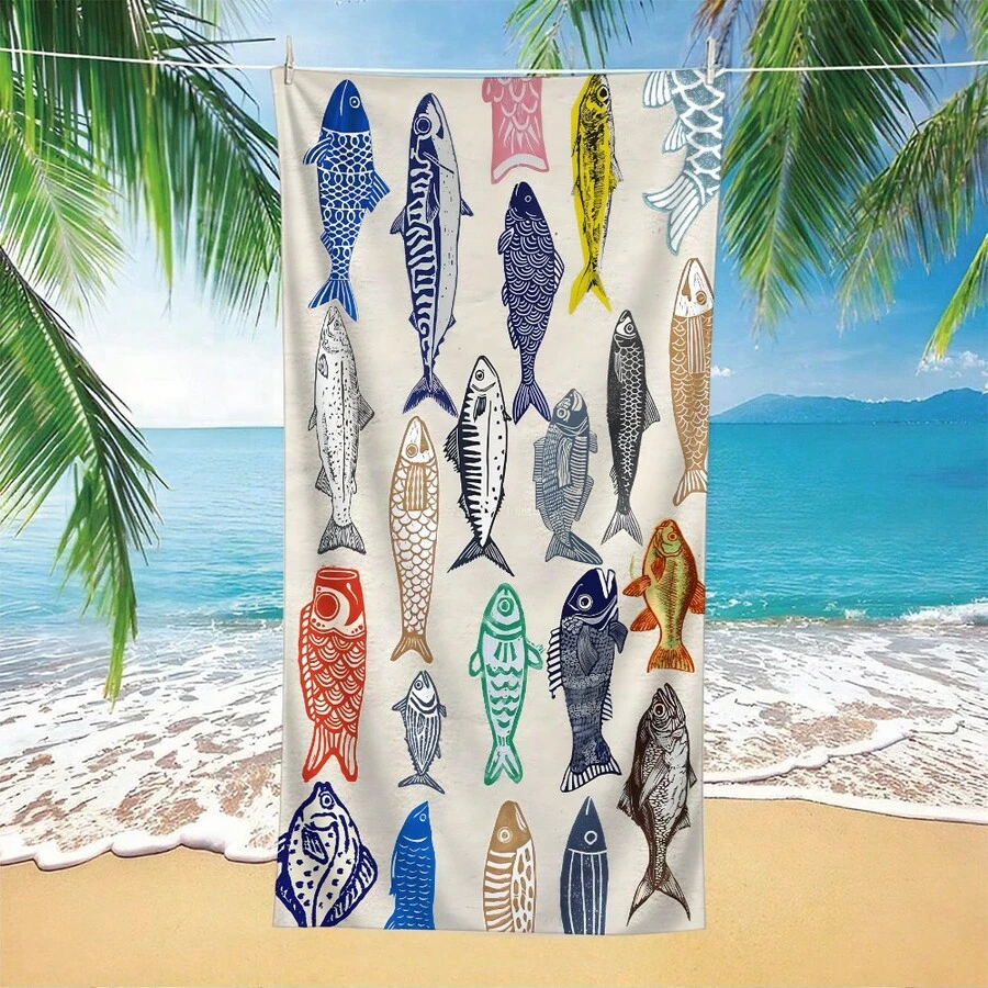 1 pieza Toalla de playa con estampado de peces de colores, manta de playa grande de secado rápido de poliéster para diversión de verano, a prueba de arena y sol, ligera y cómoda, adecuada para surf, natación y yoga - Multicolor - Ver 1
