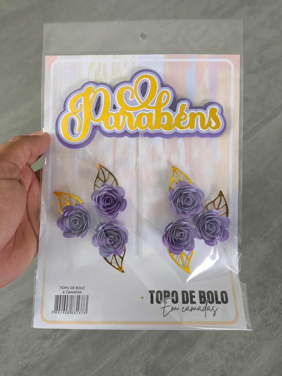 Cake Topper For Happy Birthday, 4 Tiers And With 6 Rosettes/Flowers - Lilac - View 1
