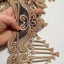 1 Pack Elegant Light Brown Heavy Embroidered Tassel Lace Trim, 13cm/5.1 Inch Wide Decorative Lace For Curtains, Sofa Cushions, Tablecloths, Bedding, Clothing And More - Brown - View 2