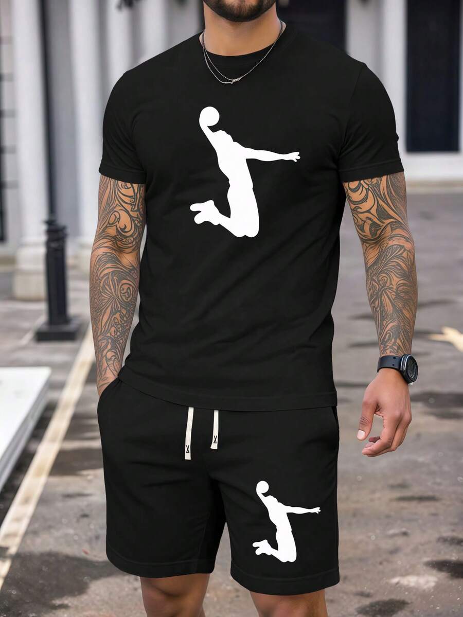Men's Summer Short Sleeve T-Shirt And Shorts Set, Personalized Printed Pattern, Fashionable Casual Outfits With Pockets And Drawstring Waist Pants, Suitable For Commuting, Streetwear, Great Gift For Husband Or Boyfriend - Black - View 1