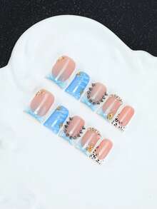 10pcs Handmade French Ombre Blue & Pink Nail Stickers - Acrylic Fake Nails With Rivets & Leopard Print Pattern, Reusable Y2K Rebellious Style Nail Set, Suitable For Daily, Party Wear And Elegant Ladies Gift - Multicolor - View 3