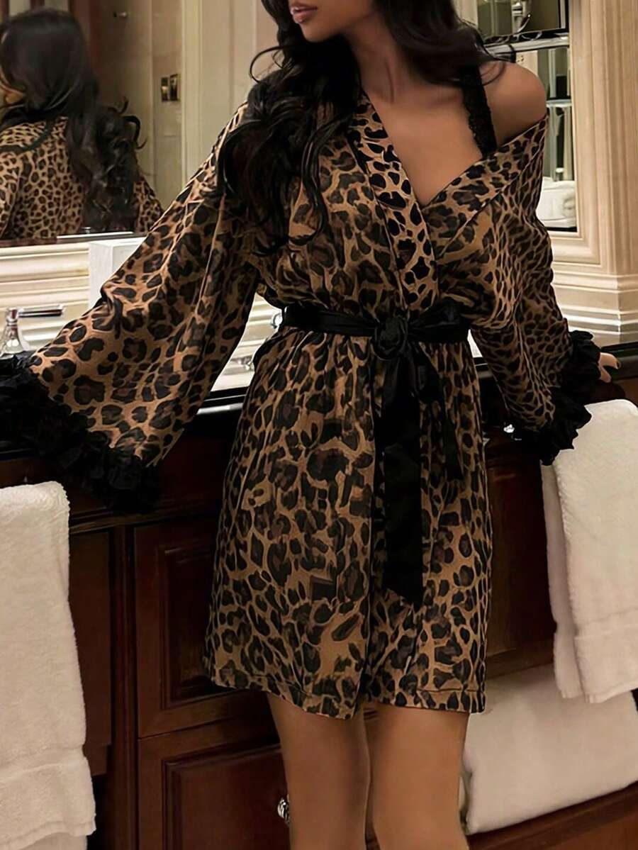 Women's 1pc Sexy Leopard Print Sheer Robe With Black Waist Tie And Ruffle Cuffs