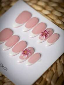 [Valentine's Day Gift] 10pcs Y2K Style |   3D Rose Red Flower Nail Stickers, Handmade French Almond Nail Shape, White French Tip, Rose Red Dyed Flowers, Gold Pearl Fake Nails, Suitable For Daily Wear, Shopping And Parties, Best Gift For Women And Girls - 淺粉色 - 查看 6