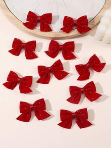 5pcs/10pcs Girls Elegant Red Rhinestone Bow Hair Clips Set, Suitable For Daily, Party, And Decoration Matching - Red - View 7