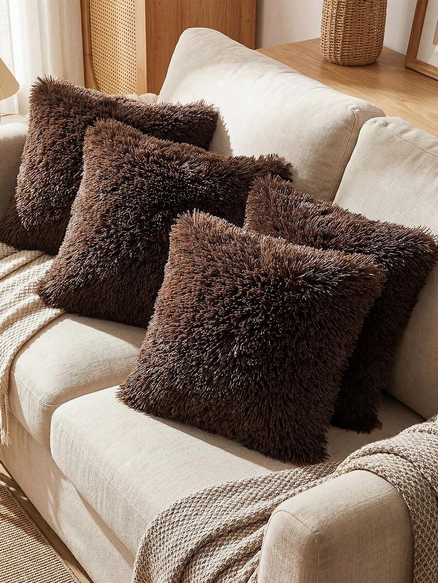 1/2/4pcs Solid Color Plush Pillow Cover (Pillow Insert Not Included), Minimalist Double-Sided Fluffy Square Cushion Cover, Soft Comfortable Home Decor Throw Pillow Case, Suitable For Bedroom, Living Room, Sofa, Chair, Zipper Closure