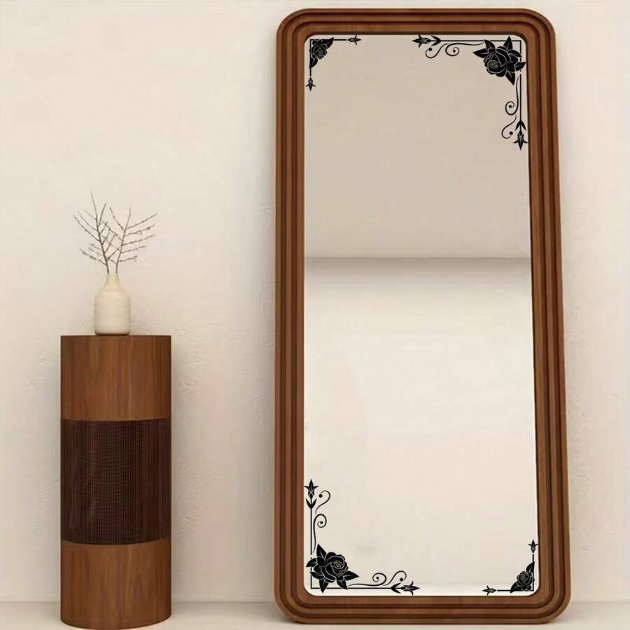 1pc Black Rose Pattern Mirror Frame Sticker, Retro Luxury Self-Adhesive Decorative Mirror Decal - Multicolor - View 1