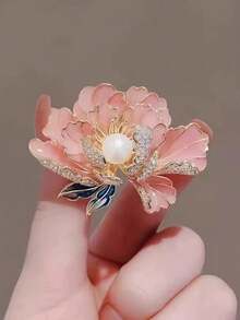 1pc Chinese Style Elegant Peony Flower Brooch With Rhinestones, Luxury Fashion Accessory - Multicolor - View 2