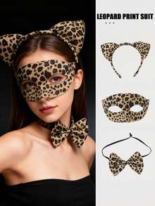 猎豹服装套装，豹纹猫耳带蝴蝶结，化装舞会面具，女士万圣节服装配饰，女士派对服装，适合狂欢节、万圣节服装派对、圣诞夜、生日派对、角色扮演派对、节日或服装派对。 - 彩色 - 查看 9