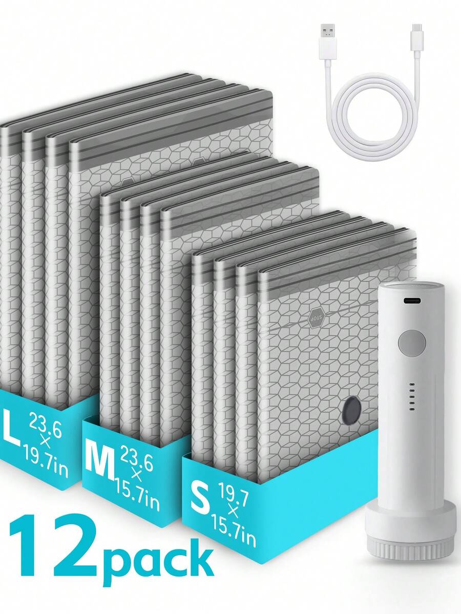 15/12/6/1件装便携式电动真空泵收纳袋，4500Pa吸力，1500mAh USB充电电池，节省空间，适合邮轮度假和居家使用。真空压缩密封袋，可用于存放衣物、户外用品、旅行用品、行李箱、衣柜整理、校园收纳，防潮防霉，也可用于存放床上用品，是母亲节、父亲节等节日送礼的理想之选。