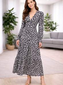 Women's Printed Long-Sleeved Crepe Dress - 灰豹 - 查看 1