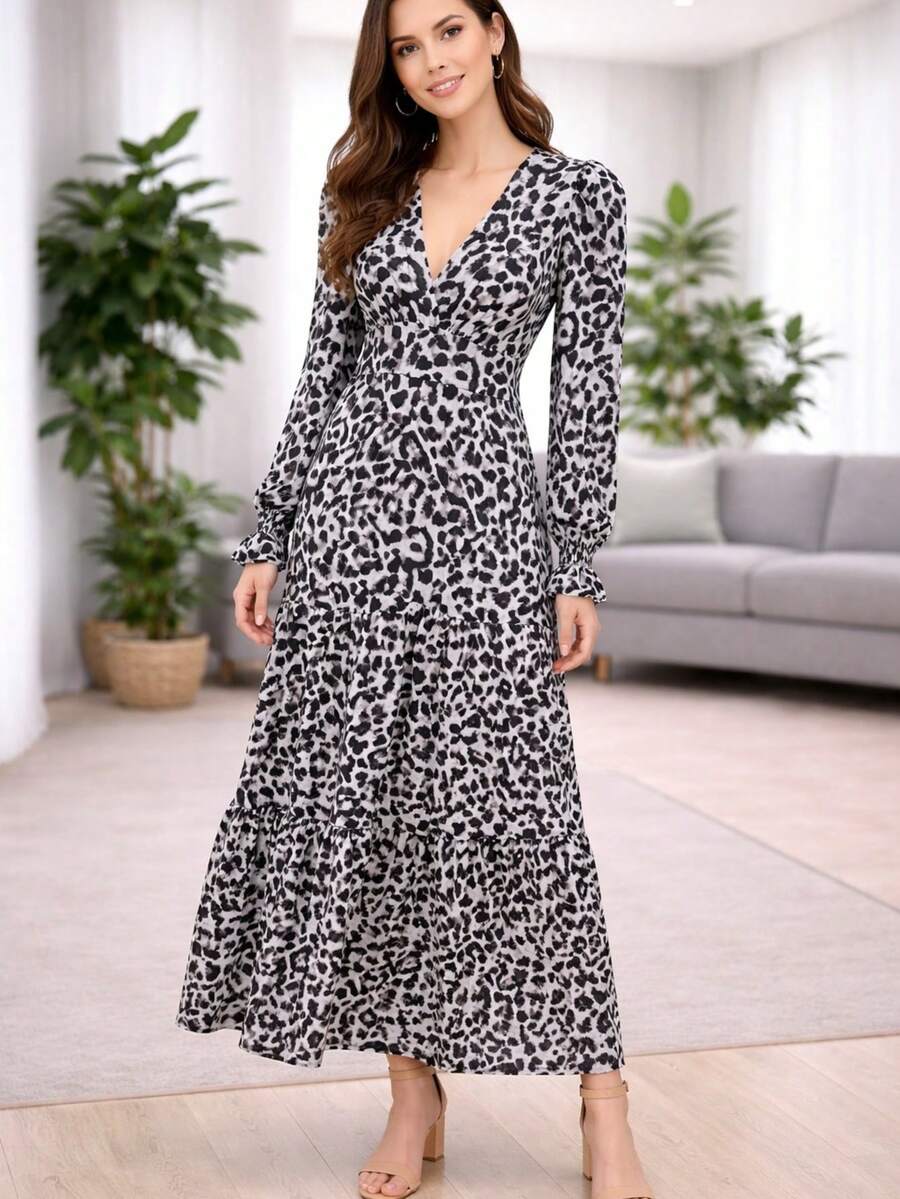 Women's Printed Long-Sleeved Crepe Dress - 灰豹 - 查看 1