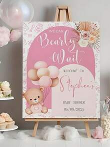 Customized Pink Bear Welcome Sign Party Decor | Personalized Shower Decor Sign | Pink Balloon Bear | Can't Wait For You To Arrive | Suitable For Party, Birthday, Christening And Christmas Decoration - Multicolor - View 8