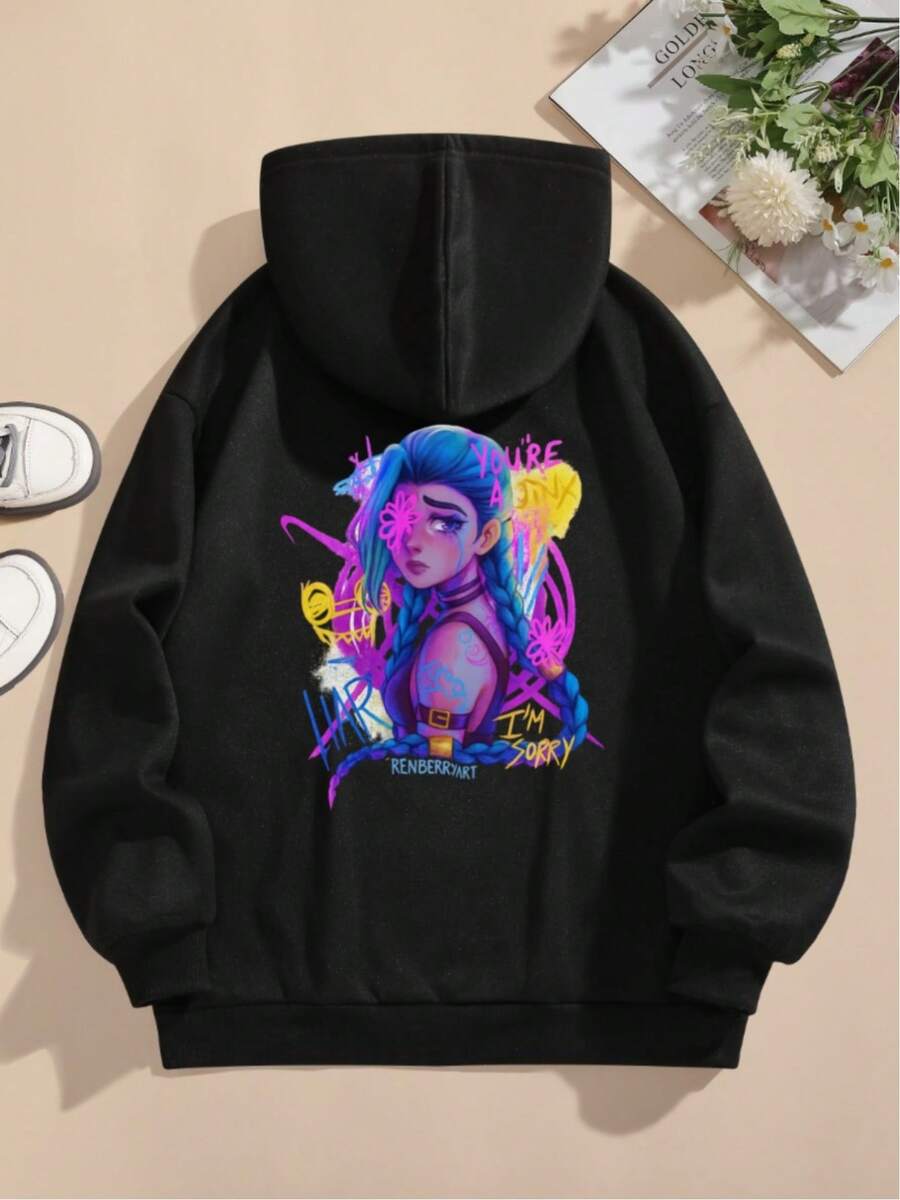 Women's Y2K Anime Goldie Locks & Jinx Graphic Hooded Sweatshirt - Cute Character Pullover Hoodie, Cozy Fall/Winter Sweater, Machine Washable Y2K Style For & Casual Attire - 黑色 - 查看 1