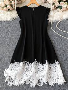Plus Size Women's Round Neck Flutter Sleeve Patchwork Pearl Formal Evening Dress - Black - View 2