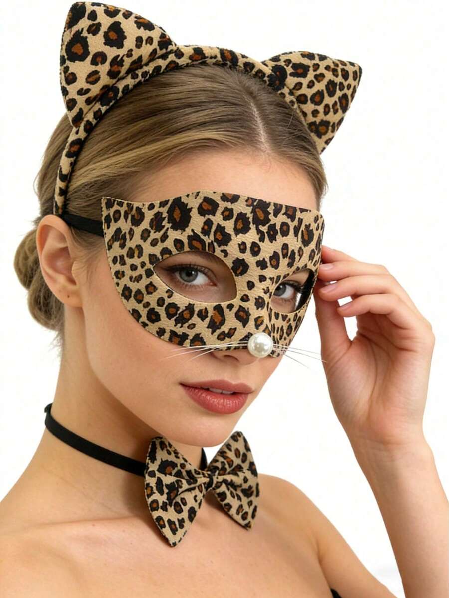 猎豹服装套装，豹纹猫耳带蝴蝶结，化装舞会面具，女士万圣节服装配饰，女士派对服装，适合狂欢节、万圣节服装派对、圣诞夜、生日派对、角色扮演派对、节日或服装派对。 - 彩色 - 查看 1
