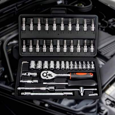 Una caja de herramientas de reparación automotriz profesional con 46 piezas: juego de llaves de trinquete portátil y fácil de usar, adecuado para reparaciones automotrices, marinas, de motocicletas y mantenimiento industrial doméstico, incluye estuche de transporte.