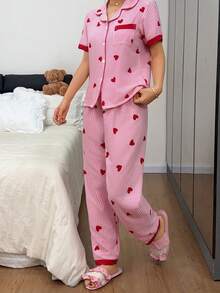 Dreamivo Red Striped Heart Print Short Sleeve & Pants Women Pajamas Set, Elegant & Comfortable For Spring/Autumn, Suitable For Outdoor Wear - Pink - View 6