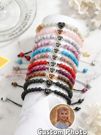 1 pieza Pulsera de proyección de piedra natural personalizada, Pulsera de proyección de piedra natural personalizada, Pulsera de piedra natural con foto personalizable, Pulsera de acero inoxidable con forma de corazón, Pulsera de proyección de piedra natural con cuentas de colores a la moda, Regalo personalizado para el Día de la Madre, Pulsera de proyección con forma de corazón, regalo para la novia, Joyería de foto personalizada, Pulsera personalizada para el Día de la Madre, Regalo de joyería conmemorativa para mamá, Regalo personalizado de Navidad, Regalo del Día de San Valentín, Pulsera conmemorativa con foto, Joyería de foto familiar