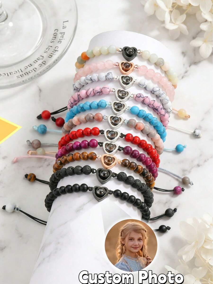 1pc Customized Natural Stone Photo Projection Bracelet, Personalized Natural Stone Projection Bracelet, Customizable Color Photo Natural Stone Bracelet, Stainless Steel Heart-Shaped Bracelet, Fashion Colorful Beaded Natural Stone Projection Bracelet, Mother's Day Customized Gift, Heart-Shaped Projection Bracelet Gift For Girlfriend, DIY Photo Jewelry, Customized Mother's Day Bracelet Jewelry, Memorial Photo Jewelry Gift For Mom, Christmas Customized Gift, Valentine's Day Gift, Memorial Photo Bracelet, Family Photo Jewelry - Custom Projection Bracelet - View 1