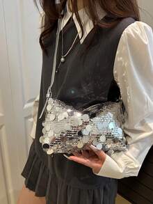 女士夏季简约轻便手提包，闪亮优雅晚宴手拿包/单肩斜挎包 - 銀色 - 查看 4