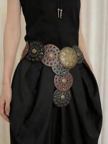1pc PU Hollow Metal Grommet Round Waist Belt For Women, Multi-Color Western Style - Multicolor - View 7