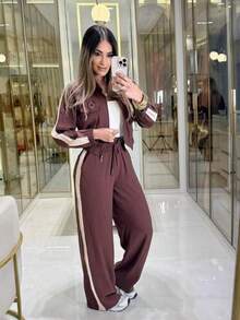 Women's Two-Piece Set In Lightweight, Stretchy Fabric, Featuring Wide-Leg Trousers With Drawstring Detail And Side Stripe, And A Cropped Jacket. - Rust Brown - View 2