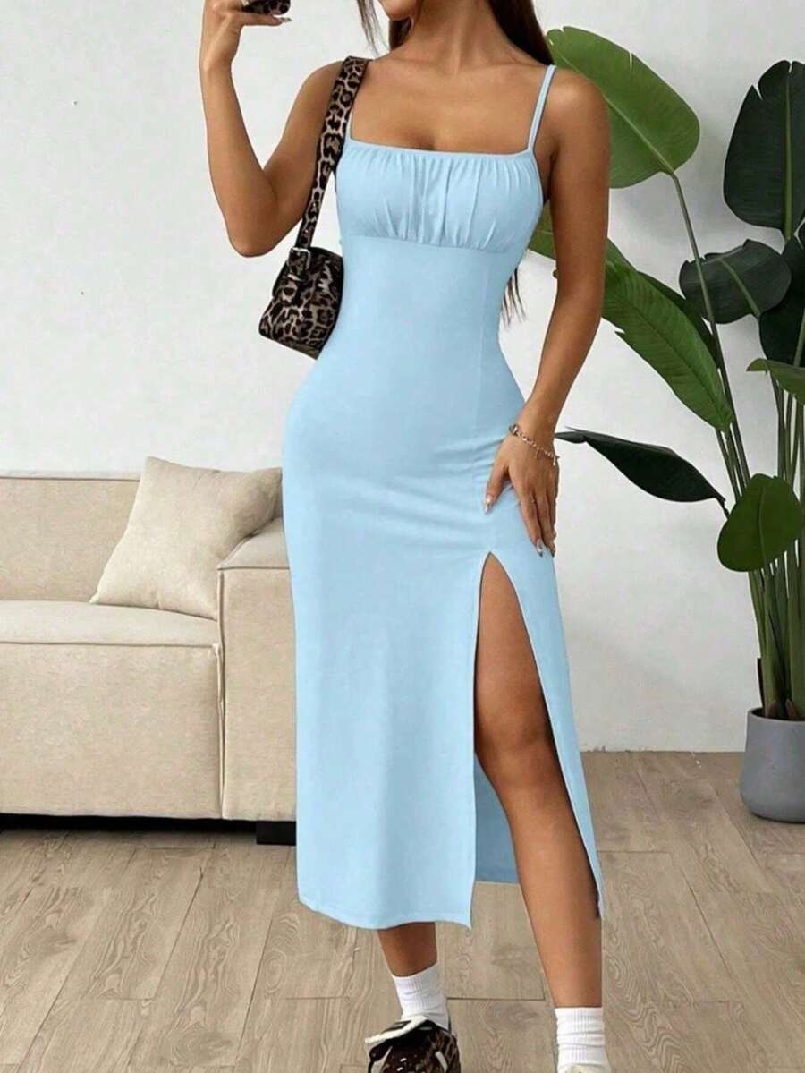 Daisy Print Short Strappy Dress With Slit - Sweet And Sexy Style For Spring Summer - Gold - View 1