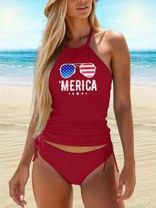 Women's Funny American Patriotic Fourth Of July Tankini Swimsuit – Two‑Piece Swimsuit With Tummy Control Fit, Vintage Graphic Print, Red White And Blue, Halter Neck, Modest Yet Playful, Independence Day, Summer Beach Vacation, Pool Party, And Holiday BBQ Outfits - 紅色 - 查看 1
