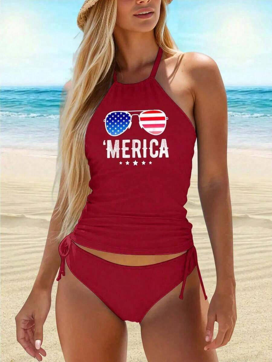 Women's Funny American Patriotic Fourth Of July Tankini Swimsuit – Two‑Piece Swimsuit With Tummy Control Fit, Vintage Graphic Print, Red White And Blue, Halter Neck, Modest Yet Playful, Independence Day, Summer Beach Vacation, Pool Party, And Holiday BBQ Outfits - 紅色 - 查看 1
