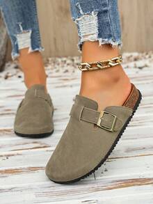 2026春夏新款女款涼鞋，單帶涼鞋。舒適、時尚且優雅的女款涼鞋，飾有金屬扣，圓頭設計，低跟，防滑橡膠底，時尚套腳涼鞋，前腳包覆設計配金屬扣，女款麂皮皮革木紋軟木鞋墊，馬鈴薯形狀帶有弧形支撐。軟底厚底舒適女款開口圓頭套腳平底涼鞋，防汗設計，防滑底設計，女款夏季涼鞋，度假風海灘涼鞋 - 灰色 - 查看 5