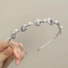 1pc Fashion Pearl Starfish Headband, Pearl Starfish Mermaid Headband, Beach Wedding Hair Accessories For Women - B-銀色外殼 - 查看 8