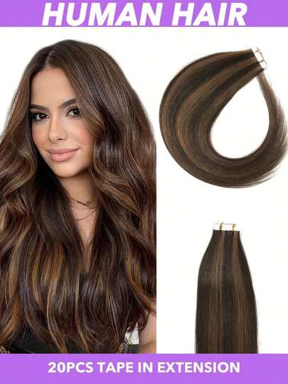 20片装胶带式接发，真人发，每片50克，渐变巧克力棕至焦糖金，发根保留巧克力棕色，16/18/20英寸，#2p6y发束，适合所有种族女性，增加发量，打造自然逼真的假发，牢固的胶带固定，多种颜色可选，可灵活搭配。