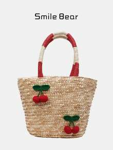 Neue Art Kirsche Stickerei Stroh gewebte Tasche, Urlaubsstil gewebte Tasche, Strand Casual Shopper, süß und lieblich Gemüsekorb Tasche, große Kapazität Pendler Einkaufstasche, Ausflug an die Küste, alles passend Tasche, Damentasche, Minderheiten Design Gefühl - Verschiedenfarbig - Übersicht 2