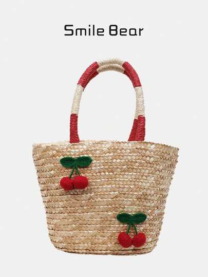 New Style Cherry Embroidery Straw Woven Bag, Holiday Style Woven Bag, Beach Casual Tote Bag, Sweet And Lovely Vegetable Basket Bag, Large Capacity Commuting Shopping Bag, Seaside Outing, All-Matching Bag, Women's Bag, Minority Design Feeling