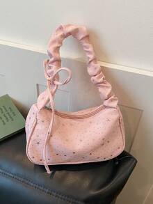 Ruched Drawstring Handbag, New Star Pattern Versatile Shoulder/Underarm Bag For Women - Pink - View 11