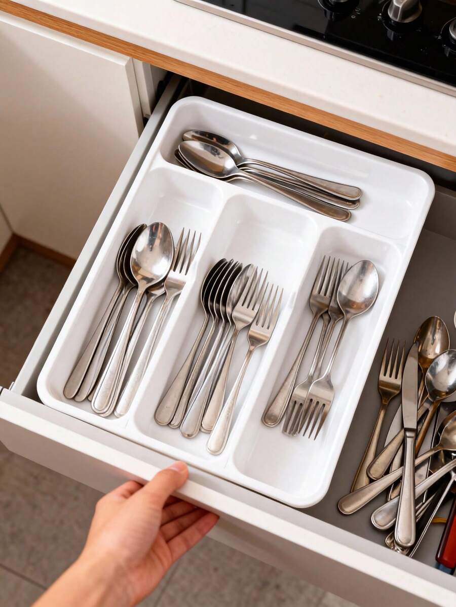 1pc Silver Drawer Organizer Box, Suitable For Small Drawers, Kitchen Utensil Organizer Box For Forks And Spoons, Cutlery And Tableware Storage Tray, Japanese Style Cabinet Organizer With Dividers For Chopsticks, Knives And Forks, Plastic Compartment Storage Organizer